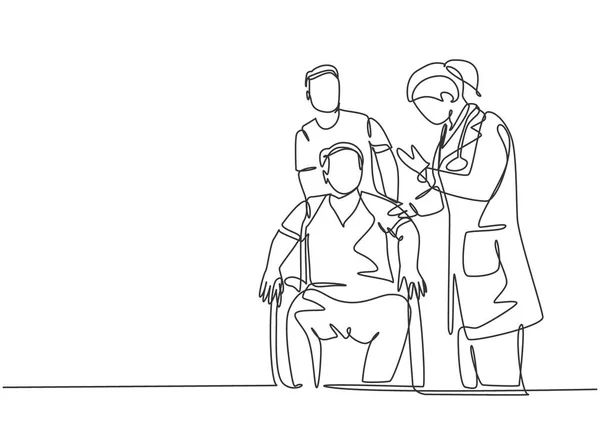 車椅子の患者に相談会を行う若い女性医師の連続シングルライン図面の1つ 医療ヘルスケアのコンセプトシングルラインドローデザインベクトルイラスト — ストックベクタ