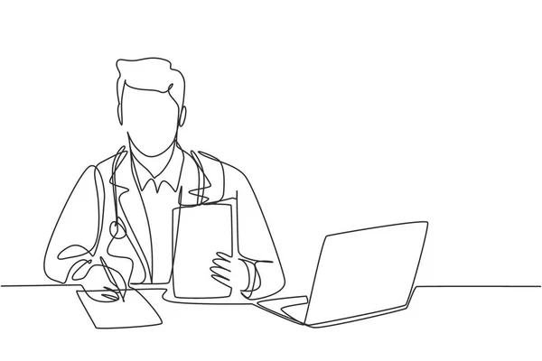 若い幸せな男性医師の一本の線画は 病院の机で病気の患者に医療処方を書いています 医療サービスのコンセプト連続線画デザインベクトルイラスト — ストックベクタ