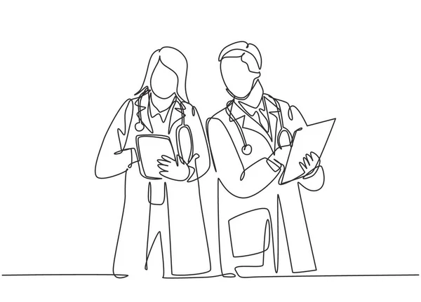 Single Continuous Line Drawing Young Couple Male Female Doctors Standing — Stock Vector