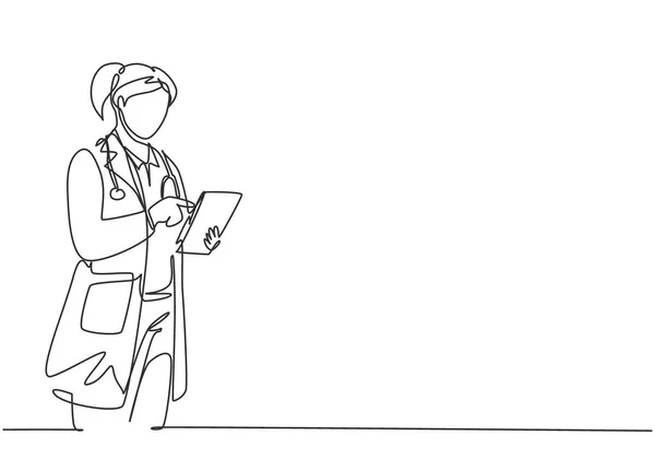 单张连续画线的年轻女医生站在和持有剪贴板检查病人在医院的状况 医疗保健概念单线绘图设计图 — 图库矢量图片