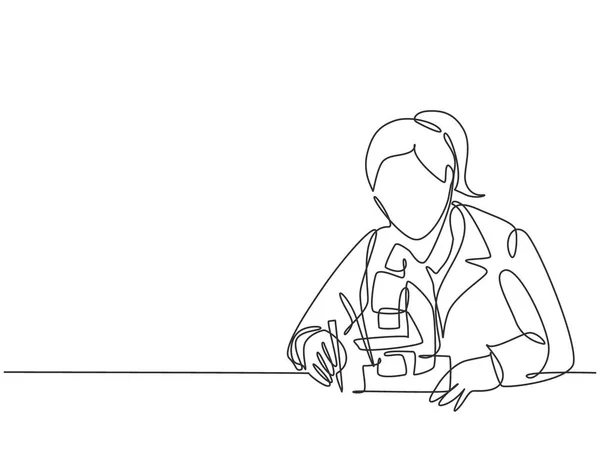 若い女性科学者の連続線画の1つは 研究室の顕微鏡と一致するウイルスを調べる コロナウイルスワクチン研究コンセプトシングルラインドローデザインベクトルイラスト — ストックベクタ