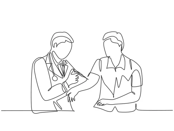 Eine Durchgehende Zeichnung Eines Jungen Männlichen Arztes Der Einem Männlichen — Stockvektor