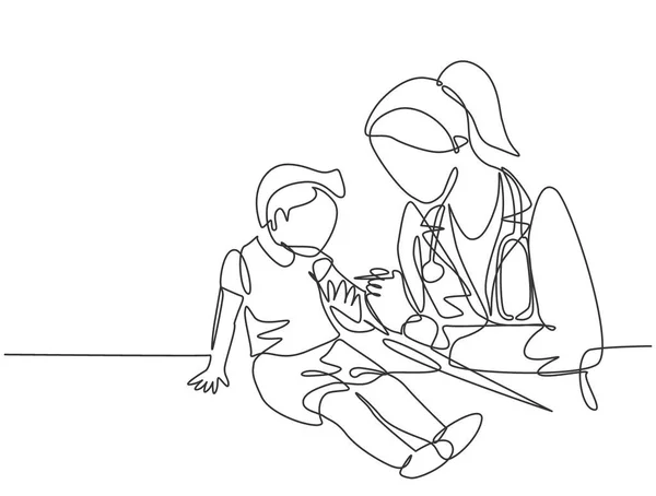 Eine Durchgehende Zeichnung Einer Kinderärztin Die Einem Kleinen Jungen Eine — Stockvektor