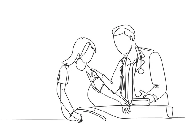 若い女性患者の脈拍数と血圧をTensiometerを使用して検討若い男性医師の単一連続線画 医療の概念1つのラインは デザインベクトル図を描く — ストックベクタ