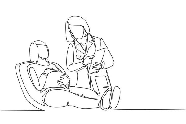 女性の産科医と婦人科医の一本の線画が患者と話し 子宮の状態を説明します 妊娠中のヘルスケアの概念連続線図ベクトル図 — ストックベクタ