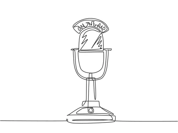 放送用のレトロな古い古典的なラジオマイクの1本の線画 ヴィンテージスピーカーアナウンサーアイテムコンセプト連続グラフィックラインドローデザインベクトルイラスト — ストックベクタ