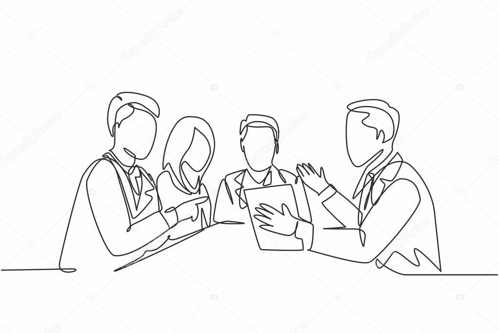 One continuous line drawing team of doctor diagnosing illness while reading patient medical record at the meeting room. Hospital health care concept single line draw graphic design vector illustration