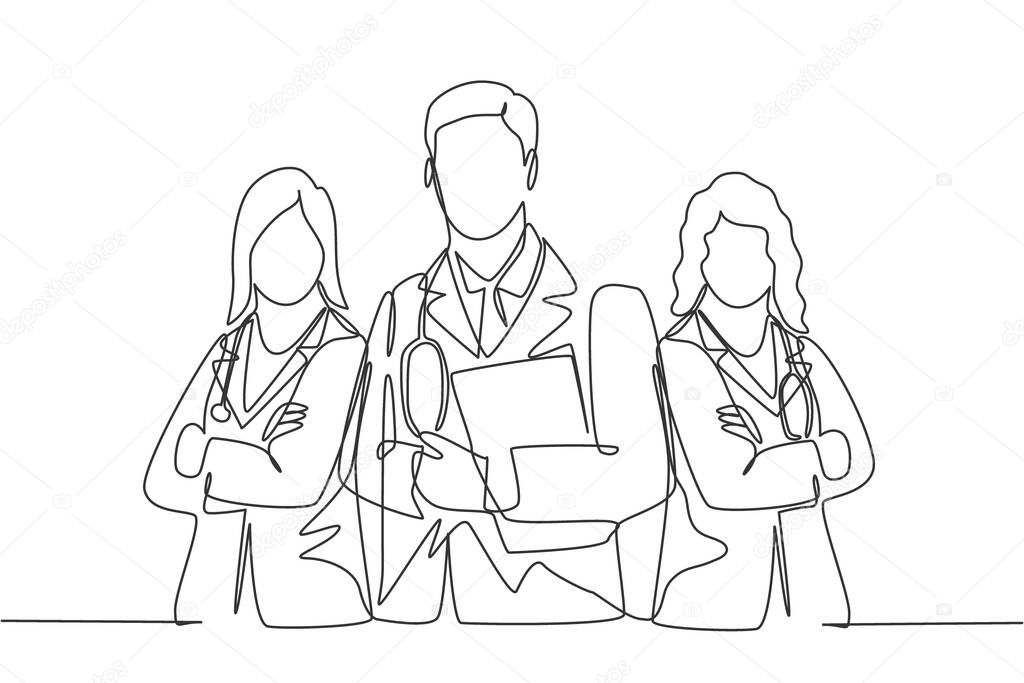 One continuous single line drawing group of young male and female doctors pose standing together while holding medical report. Teamwork medical concept single line draw design vector illustration