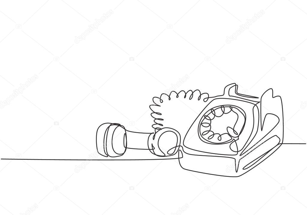 One continuous line drawing of old vintage antique analog desk telephone to communicate. Retro classic telecommunication device concept single line draw design graphic vector illustration