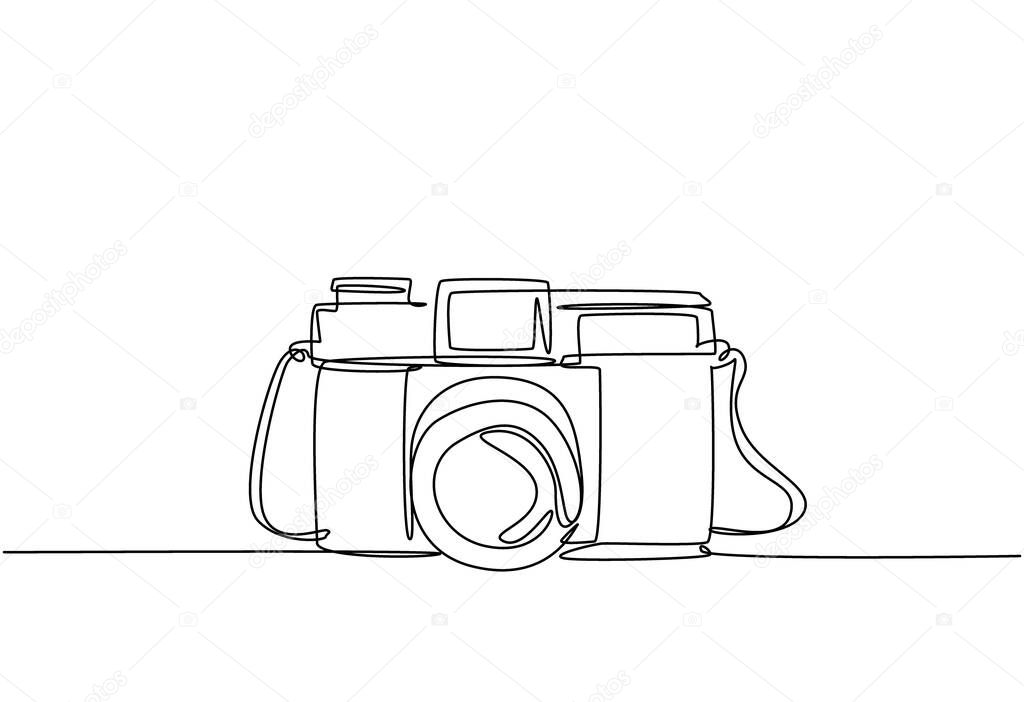One single line drawing of old retro analog film pocket camera. Vintage classic photography equipment concept continuous line draw design vector illustration graphic