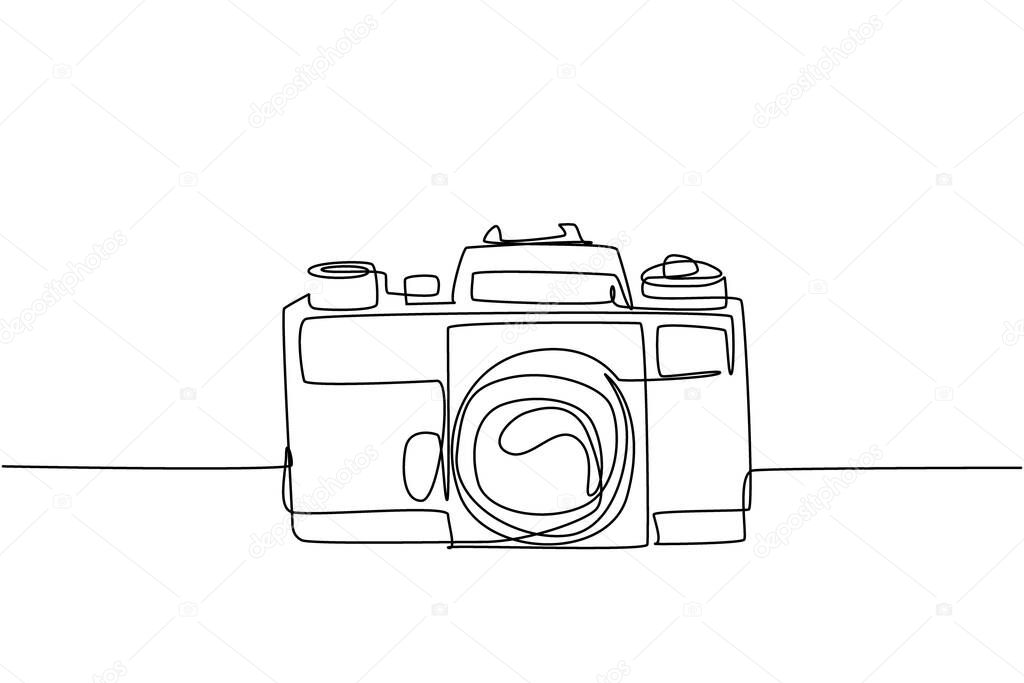 One continuous line drawing of old retro analog slr camera, front view. Vintage classic photography equipment concept single line draw graphic design vector illustration