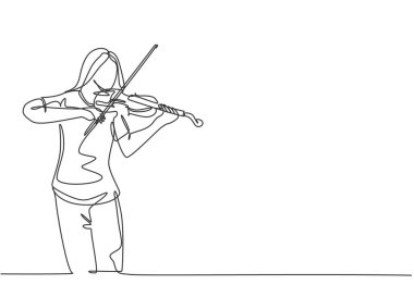 Müzik festivali konserinde keman çalmak için genç ve mutlu kadın kemancının sürekli çizdiği bir çizgi. Müzisyen sanatçı performans konsepti tek çizgi tasarım çizim grafik çizimi illüstrasyonu