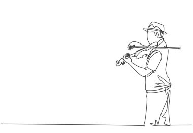 Şapka takan ve müzik konserinde keman çalan genç ve mutlu erkek kemancının tek sıra çizimi. Müzisyen sanatçı performans konsepti bir çizgi çizim vektör çizimi illüstrasyonu