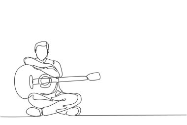 Akustik gitar çaldıktan sonra poz veren mutlu genç erkek gitarist çizimleri. Dinamik müzisyen performans konsepti tek çizgi grafik çizim tasarım çizimi illüstrasyonu