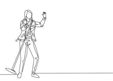 Konser sahnesinde şarkı söyleyen genç ve mutlu bayan rock şarkıcısının kesintisiz çizimi. Modern müzisyen performans konsepti bir çizgi çizim vektör grafik çizimi