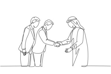 Genç Müslüman iş adamının Japon ortağının önünde eğildiği kesintisiz bir çizgi. Shemag, kandura ve atkı giysili Suudi Arabistan 'lı işadamları. Tek çizgi çizimi tasarım vektör çizimi