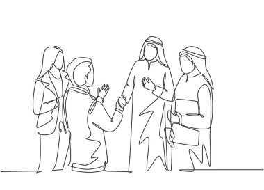 Genç Müslüman iş adamının sürekli çizdiği bir çizgi müşteriyle toplantı yapıyor. Suudi Arabistanlı işadamları Shemag, kandura, fular, keffiyeh kıyafetleri. Tek çizgi çizimi tasarım vektör çizimi