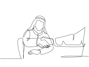 Genç Müslüman prodüksiyon müdürünün sürekli çizdiği tek çizgi yükseltilmiş işçiyi kutladı. Arap Ortadoğu iş adamları, şmagh, kandura, bornoz giysisi. Bir çizgi çizimi tasarım vektörü illüstrasyonu