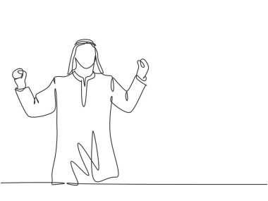 Genç ve mutlu Müslüman genç müdürün çizdiği tek bir çizgi başarıyı kutlamak için el kaldırıyor. Suudi Arabistan 'da shmag, kandora, türban, thobe. Devamlı çizgi çizimi tasarım vektörü illüstrasyonu