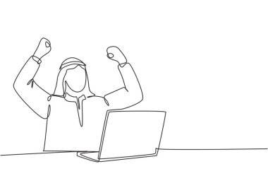 Genç, mutlu Müslüman işçilerin ofis işlerini bitirdikten sonra kutladıkları tek bir çizim. Shmag, türban, thobe, ghutra ile Suudi Arabistan. Devamlı çizgi çizimi tasarım vektörü illüstrasyonu