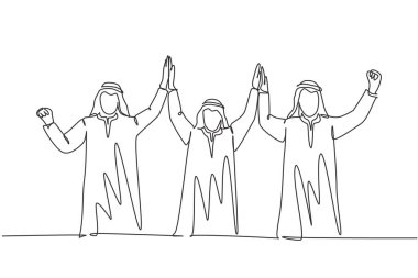 Genç Müslüman pazarlama ekibinin tek bir çizgisi el ele tutuşuyor. Suudi Arabistanlı işadamları shmag, kandora, türban, thobe, ghutra. Devamlı çizgi çizimi tasarım vektörü illüstrasyonu