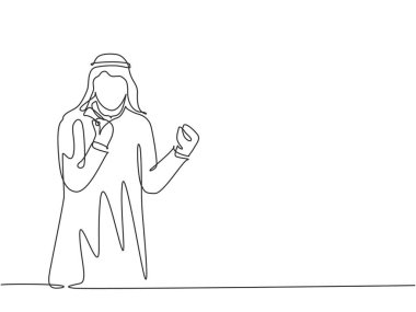 Genç mutlu Müslüman iş adamının çizdiği tek bir çizgi, el kaldırın ve kutlayın. Suudi Arabistanlı işadamları shmag, kandora, türban, ghutra. Devamlı çizgi çizimi tasarım vektörü illüstrasyonu