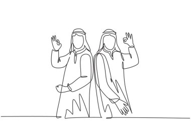 Genç ve mutlu Müslüman çalışanların çizdiği tek bir çizgi tamam el hareketi veriyor. Suudi Arabistan 'lı işadamları, shmag, türban, thobe, ghutra. Devamlı çizgi çizimi tasarım vektörü illüstrasyonu