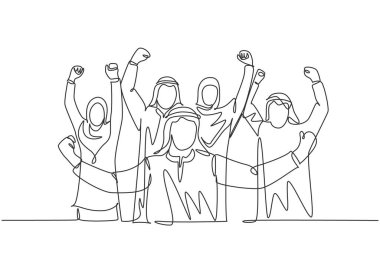 Genç Müslüman iş adamlarının çizdiği tek bir çizgi sağlam bir takım çalışması sergiliyor. Suudi Arabistanlı işadamları shmag, kandora, türban, thobe, ghutra. Devamlı çizgi çizimi tasarım vektörü illüstrasyonu