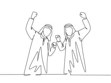 Genç ve mutlu Müslüman çalışanların çizdiği tek bir çizgi onların iş terfilerini kutluyor. Suudi Arabistan 'da shmag; kandora; türban; thobe; ghutra. Devamlı çizgi çizimi tasarım vektörü illüstrasyonu