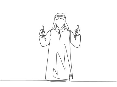 Genç ve mutlu bir müslüman takım üyesinin başparmak hareketi yaptığı tek bir çizgi. Suudi Arabistan kumaşı shmag, kandora, türban, thobe, ghutra. Devamlı çizgi çizimi tasarım vektörü illüstrasyonu