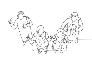 Genç Müslüman işadamı ve iş kadınının sürekli çizdiği bir çizgi, seyirciye baş parmak hareketi yapıyor. İslami kıyafet kandura, eşarp, keffiyeh. Tek çizgi çizimi tasarım vektör çizimi