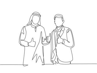 Genç ve mutlu Müslüman işadamlarının çizdiği tek bir çizgi yabancı şirketlerle işbirliği yapıyor. Suudi Arabistan kumaşı shmag, kandora, türban, thobe. Devamlı çizgi çizimi tasarım vektörü illüstrasyonu