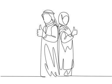 Genç ve mutlu Müslüman erkek ve kadın çiftin çizdiği tek bir çizgi başparmak hareketi yapıyor. Suudi Arabistan kumaşı shmag, kandora, türban, thobe, ghutra. Devamlı çizgi çizimi tasarım vektörü illüstrasyonu