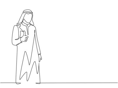 Genç müslüman şirket müdürünün el hareketi yaptığı kesintisiz bir çizgi. İslami giyim Shemag, kandura, fular, keffiyeh. Tek çizgi çizimi tasarım vektörü grafik çizimi