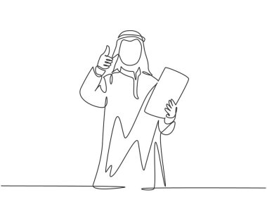 Genç Müslüman işletme yöneticisinin tek sıra çizimi onaylıyor ve şirket kurallarını uyguluyor. Arap Ortadoğu kumaşı, kandura, bornoz. Bir çizgi çizimi tasarım vektörü illüstrasyonu