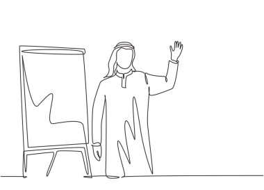 Genç Müslüman girişimci firmasının tek bir çizgisi şirket üyelerine sunum yapıyor. Arap Ortadoğu kumaşı shmagh, kandura, talaş, bornoz. Bir çizgi çizimi tasarım vektörü illüstrasyonu