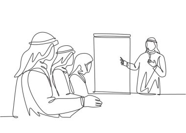 Genç, mutlu bir müslüman menajerin çizdiği tek bir çizim iş sunumu yapıyor. Suudi Arabistan kumaşı shmag, kandora, türban, thobe, ghutra. Devamlı çizgi çizimi tasarım vektörü grafik çizimi