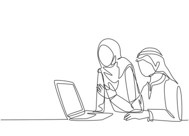 Müstakbel yatırımcıya iş teklifini tartışan genç Müslüman iş çifti çizgisi. İslami kıyafet kandura, eşarp, tesettür. Tek çizgi çizimi tasarım vektör çizimi