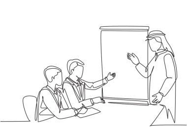 Genç Müslüman başlangıç kurucusunun olası yatırımcıya sunduğu tek çizgi çizimi. Arap Ortadoğu kumaşı kandura, erik, bornoz. Bir çizgi çizimi tasarım vektörü illüstrasyonu