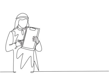 Genç Müslüman satış pazarlamacısının sürekli çizdiği bir çizim yeni bir aletin tüm özelliklerini açıklıyor. İslami giyim Shemag, kandura, fular, keffiyeh. Tek çizgi çizimi tasarım vektör çizimi