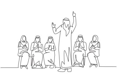 Genç mutlu Müslüman iş koçunun iyi sunum yapmayı öğrettiği tek bir çizgi. Suudi Arabistan kumaşı shmag, kandora, türban, thobe. Devamlı çizgi çizimi tasarım vektörü illüstrasyonu