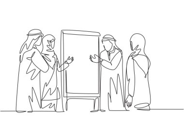 Genç Müslüman müdürün sürekli çizdiği bir çizim şirket toplantısında stratejiyi tartışırken kısa bir özet veriyor. İslami giyim Shemag, kandura, fular, keffiyeh. Tek çizgi çizimi tasarım vektör çizimi