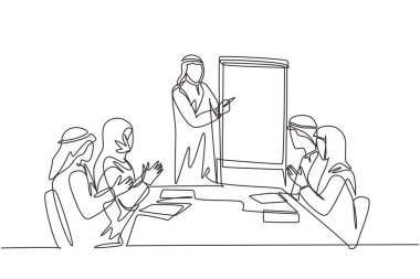 Genç ve mutlu Müslüman menajerlerin tek bir çizgisi takım toplantısında sunum yapıyor. Suudi Arabistan kumaşı shmag, kandora, türban, thobe, ghutra. Devamlı çizgi çizimi tasarım vektörü illüstrasyonu