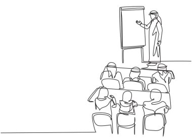 Genç Müslüman iş adamlarının şirket toplantısı sırasında tek sıra halinde strateji sunumu yapmaları. Arap Ortadoğu kumaşı, buzlar, bornoz. Bir çizgi çizimi tasarım vektörü illüstrasyonu