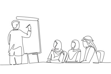 Genç ve mutlu müslümanların danışmandan iş öğrenme stratejisinin tek bir çizgisi. Suudi Arabistan kumaşı shmag, kandora, türban, thobe, ghutra. Devamlı çizgi çizimi tasarım vektörü illüstrasyonu