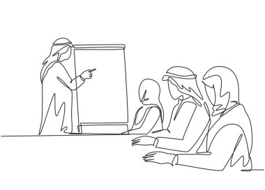 Genç Müslüman girişimci şirketin altın kurallarını açıklayan tek bir çizgi çizimi. Suudi Arabistan kumaşı kandora, türban, tobe, ghutra. Devamlı çizgi çizimi tasarım vektörü illüstrasyonu