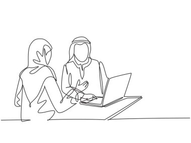 Genç Müslüman satış pazarlamacısının sürekli çizdiği yeni ürün özelliklerini müşteriye açıklayan bir çizgi. İslami giyim Shemag, kandura, eşarp, tesettür. Tek çizgi çizimi tasarım vektör çizimi