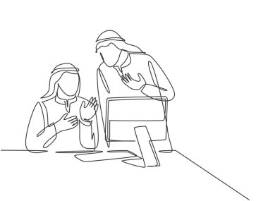 Genç Müslüman iş adamlarının şirket projesini tartışan tek sıra çizimi. Arap Ortadoğu kumaşı shmagh, kandura, talaş, bornoz. Bir çizgi çizimi tasarım vektörü illüstrasyonu