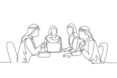 Genç mutlu Müslüman şirket çalışanlarının finansal bütçe planlarını tartıştığı tek bir çizgi. Suudi Arabistan kumaşı başörtüsü, kandora, başörtüsü, tobe. Devamlı çizgi çizimi tasarım vektörü illüstrasyonu