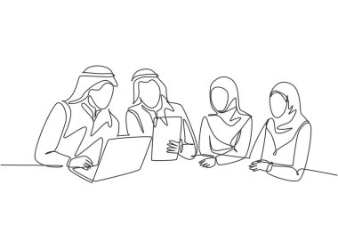 Genç ve mutlu Müslüman iş adamının anlaşma projesini tartışırken çizdiği tek bir çizgi. Suudi Arabistan kumaşı shmag, kandora, türban, tobe, tesettür. Devamlı çizgi çizimi tasarım vektörü illüstrasyonu